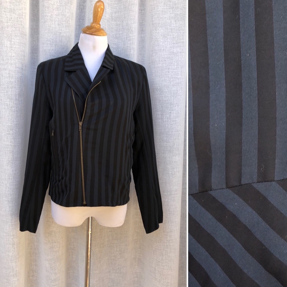 Acote navy blue and black vertical stripe cotton biker style jacket